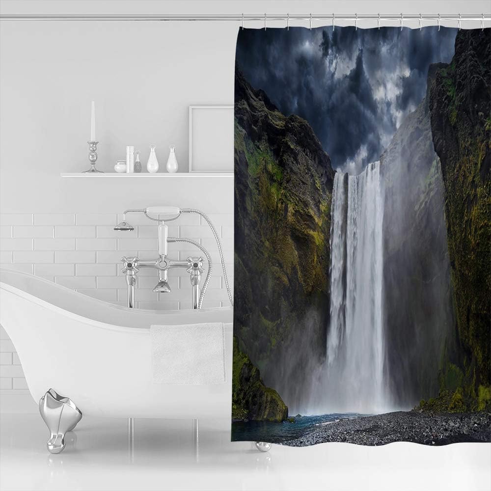 White Cliff Waterfall Black Mysterious Sky Clouds Shower Curtain for Bathroom Decor