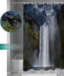 White Cliff Waterfall Black Mysterious Sky Clouds Shower Curtain for Bathroom Decor