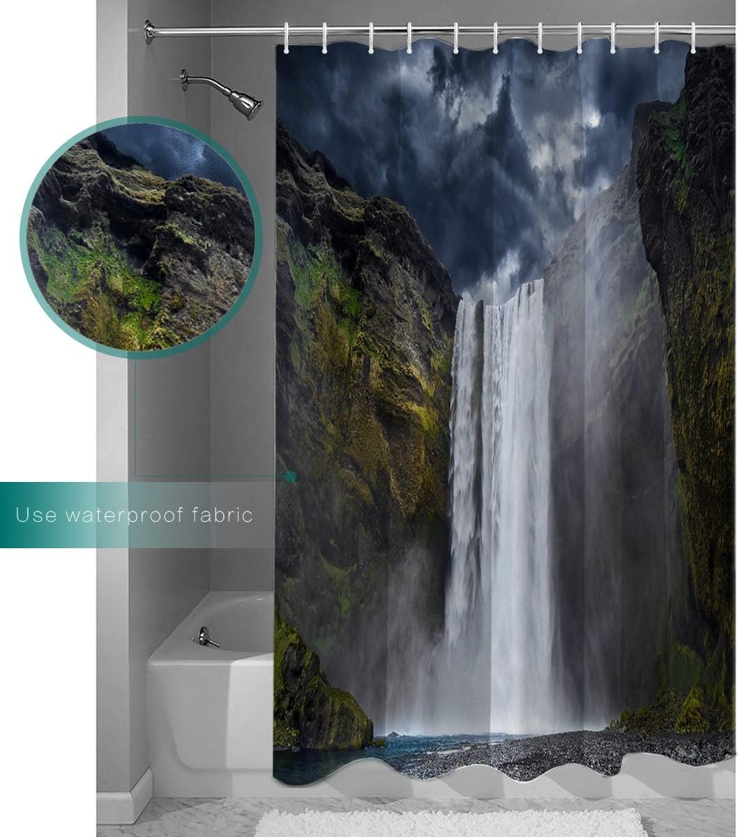 White Cliff Waterfall Black Mysterious Sky Clouds Shower Curtain for Bathroom Decor