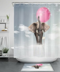 White Clouds Red Balloon Funny Elephant Shower Curtain - Cute Bathroom Decor
