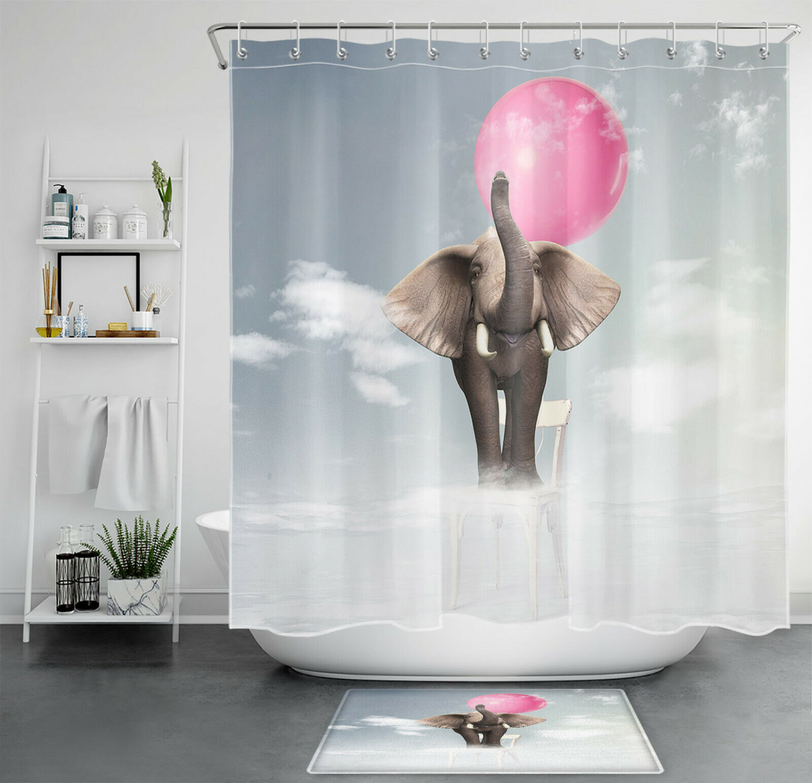 White Clouds Red Balloon Funny Elephant Shower Curtain - Cute Bathroom Decor
