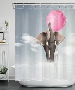 White Clouds Red Balloon Funny Elephant Shower Curtain - Cute Bathroom Decor