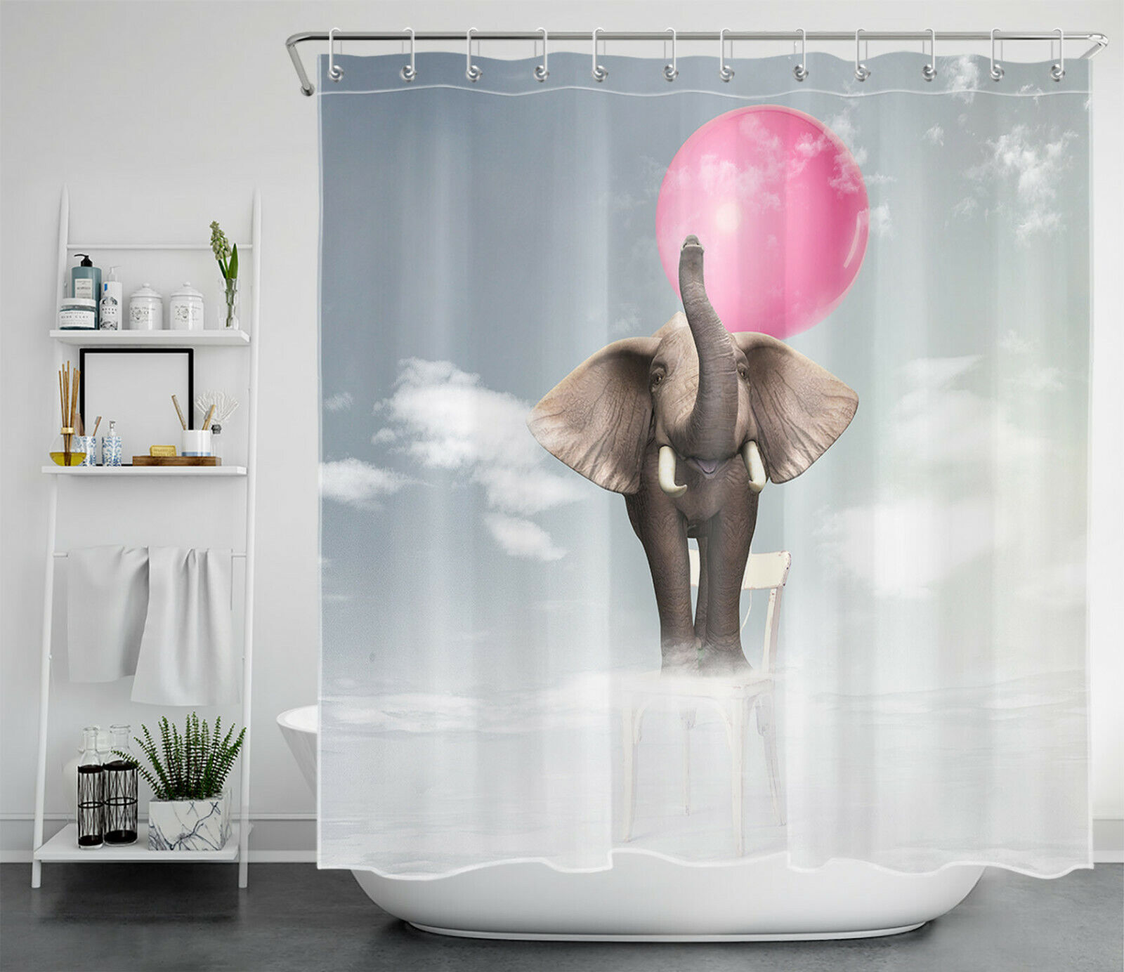 White Clouds Red Balloon Funny Elephant Shower Curtain - Cute Bathroom Decor