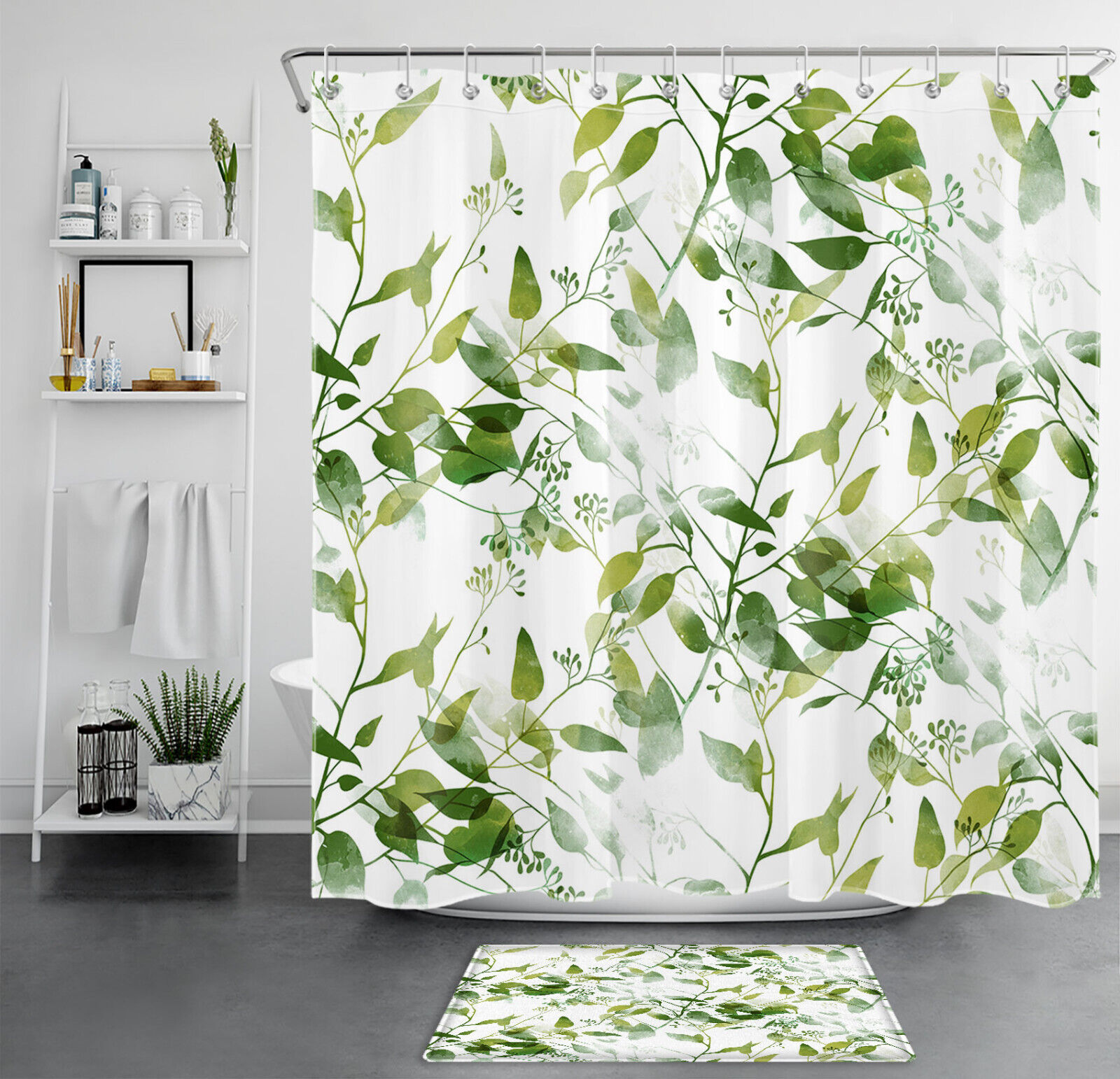 White Country Style Shower Curtain With Botanical Green Leaf Design - A Perfect Bathroom Accessory Set
