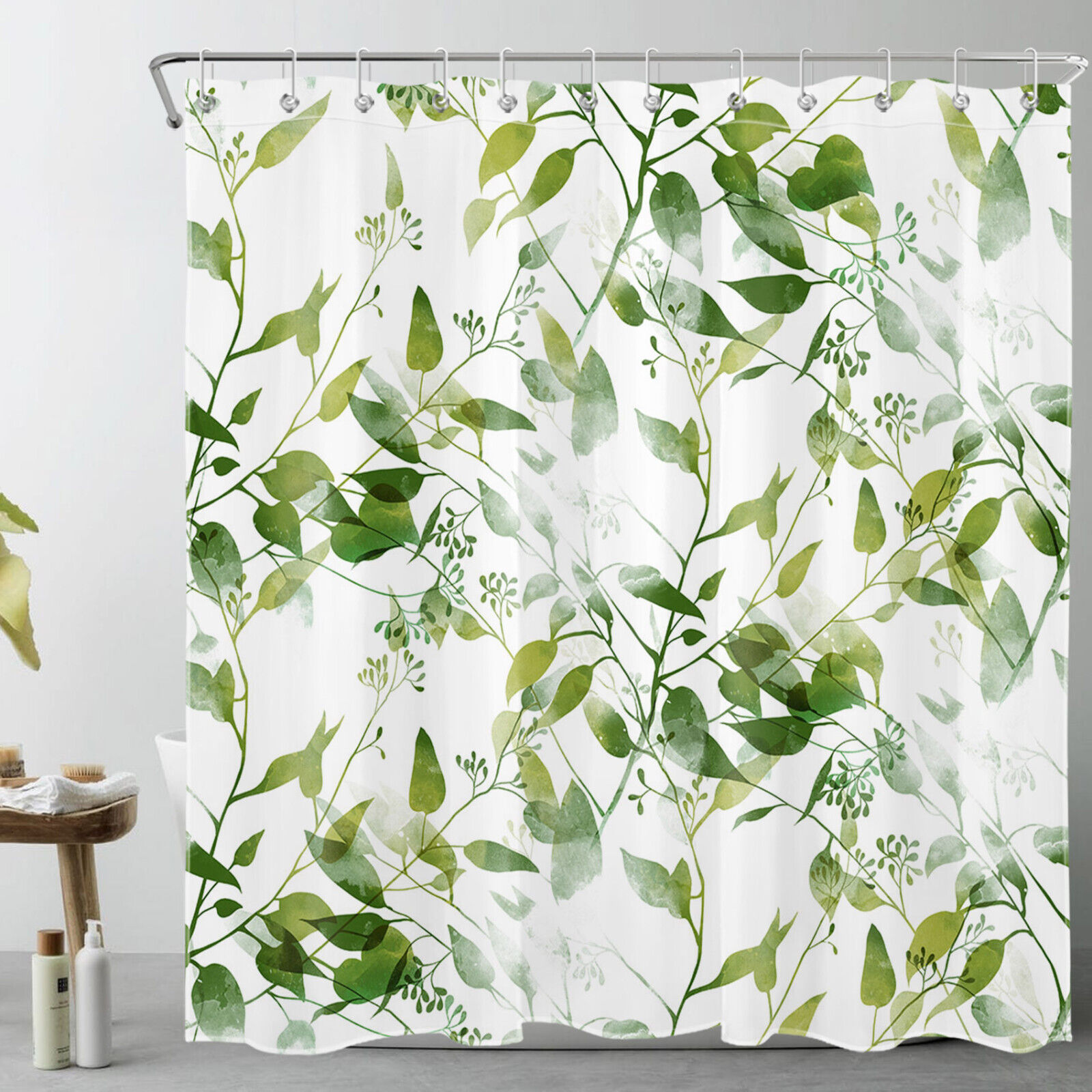 White Country Style Shower Curtain With Botanical Green Leaf Design - A Perfect Bathroom Accessory Set - Image 2