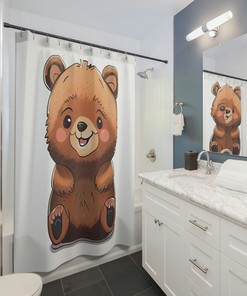 White Cute Bear Printed Shower Curtain For Kids Bathroom, Animal Bathroom Decor