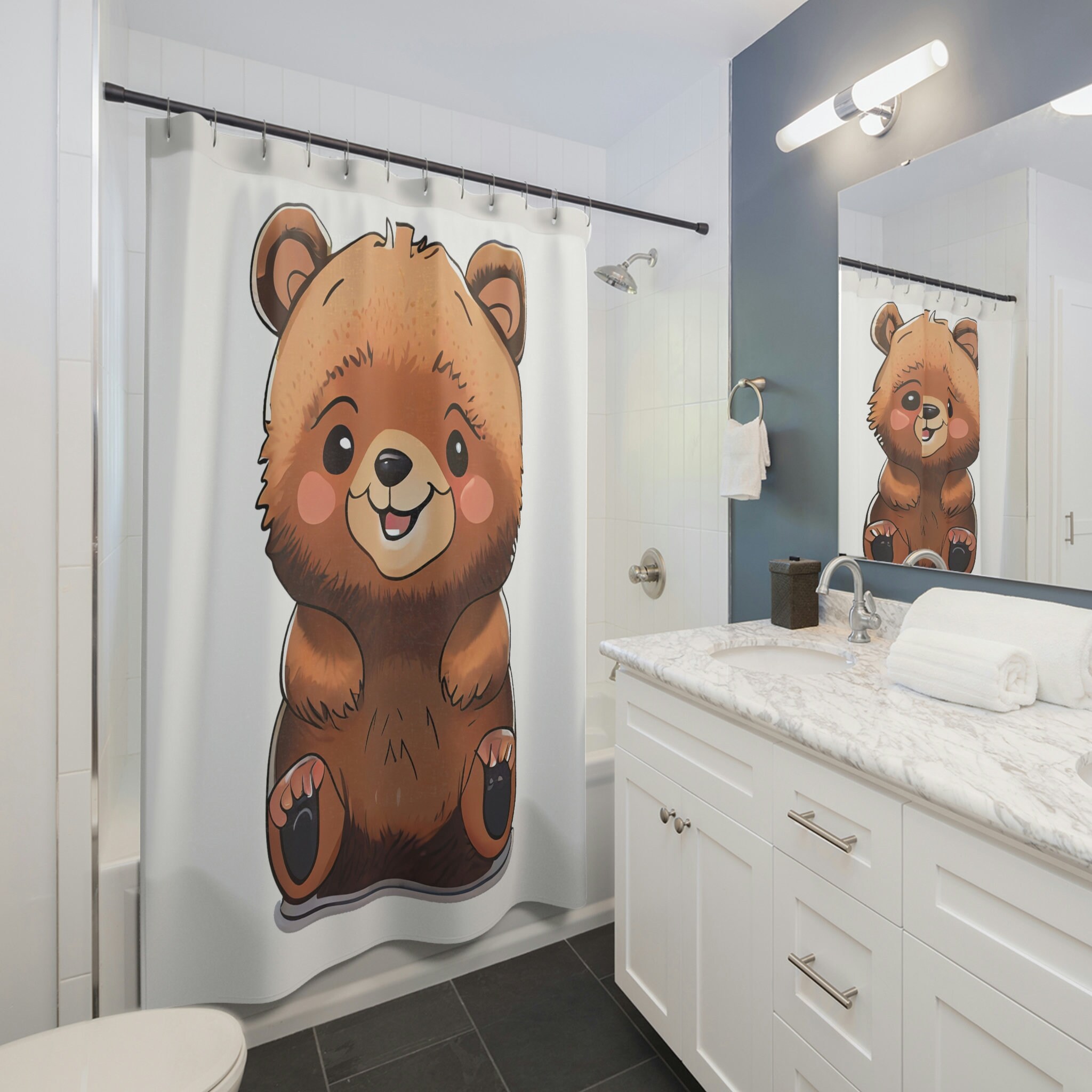 White Cute Bear Printed Shower Curtain For Kids Bathroom, Animal Bathroom Decor