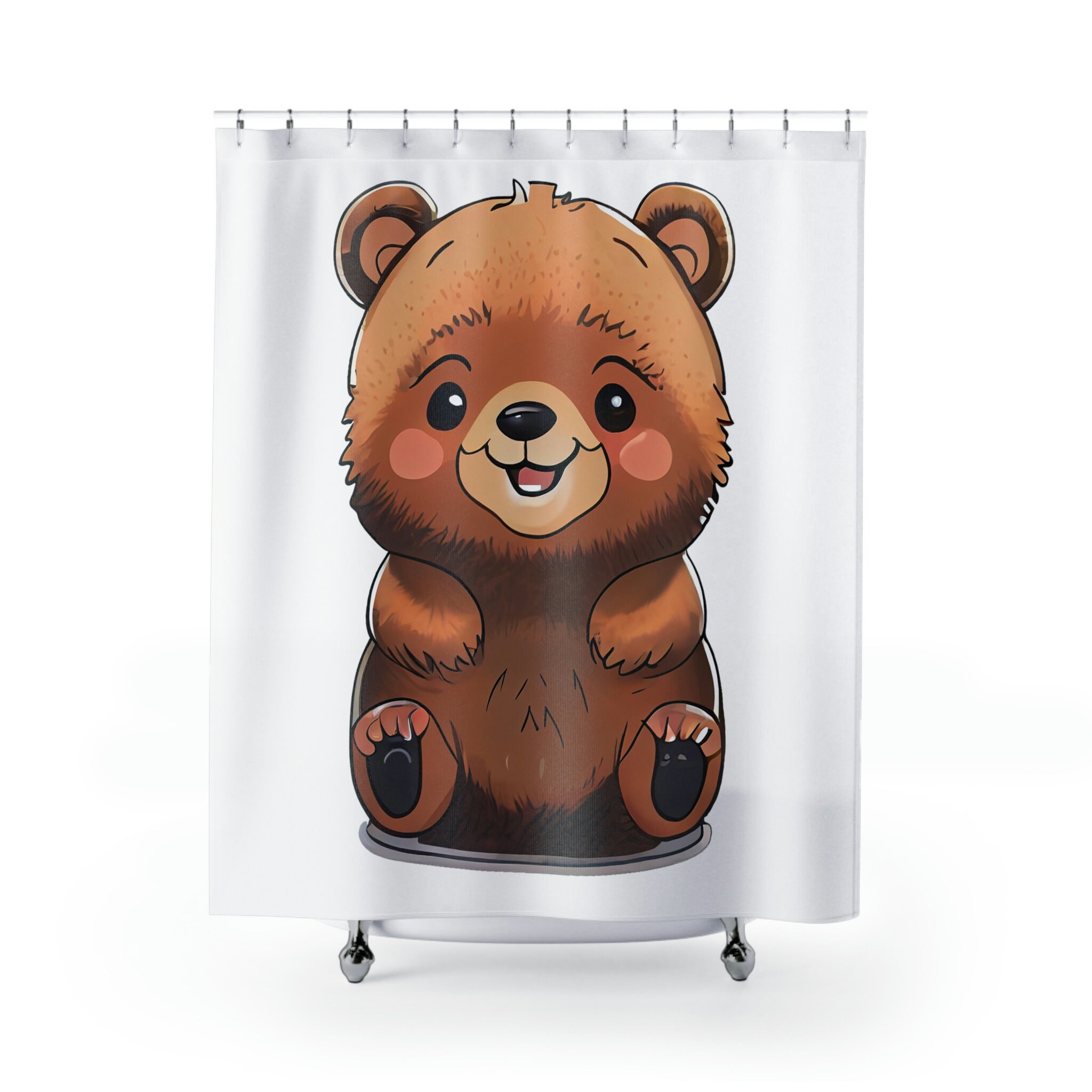 White Cute Bear Printed Shower Curtain For Kids Bathroom, Animal Bathroom Decor - Image 2