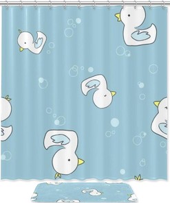White Ducks Swimming Print Shower Curtain with Waterproof Fabric for Bathroom Decor
