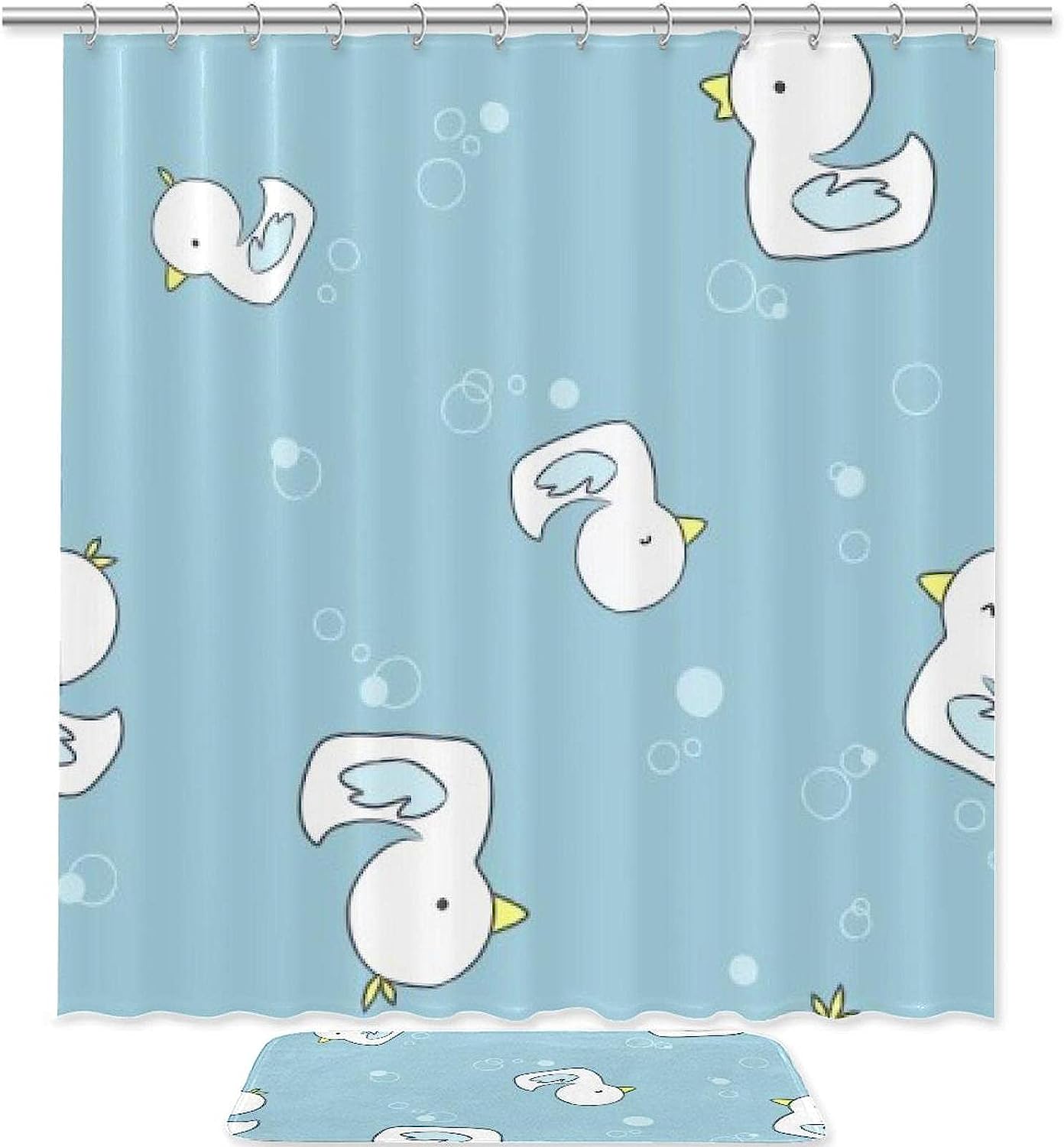 White Ducks Swimming Print Shower Curtain with Waterproof Fabric for Bathroom Decor