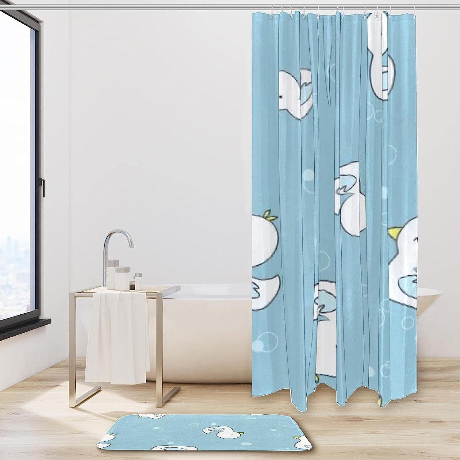 White Ducks Swimming Print Shower Curtain with Waterproof Fabric for Bathroom Decor