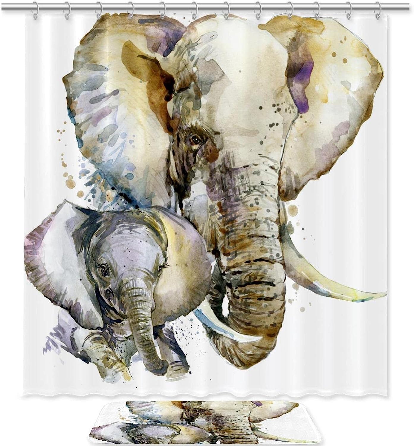 White Elephant With Sunflowers Shower Curtain, Wild Animal Print Bathroom Accessory