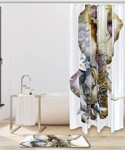 White Elephant With Sunflowers Shower Curtain, Wild Animal Print Bathroom Accessory