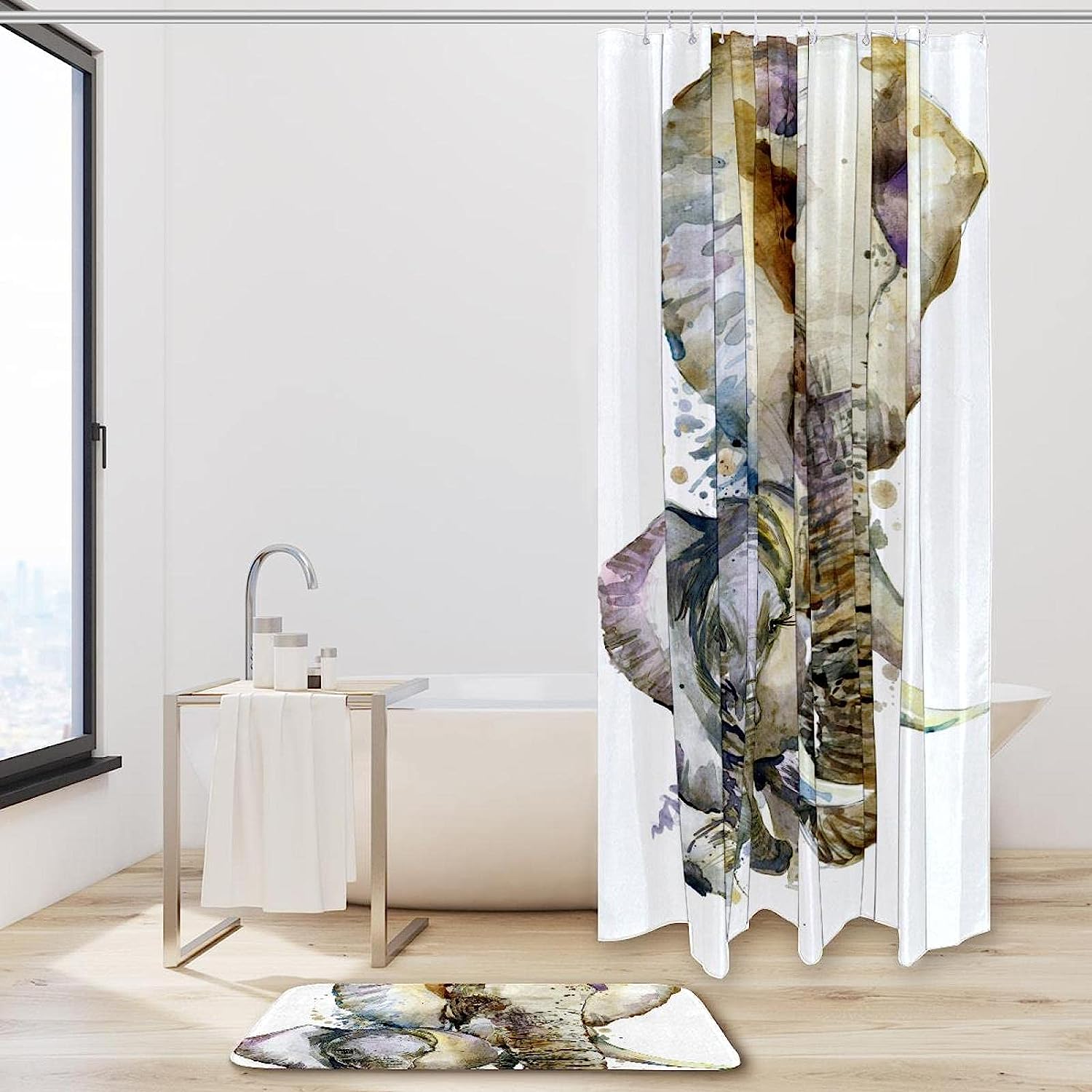 White Elephant With Sunflowers Shower Curtain, Wild Animal Print Bathroom Accessory