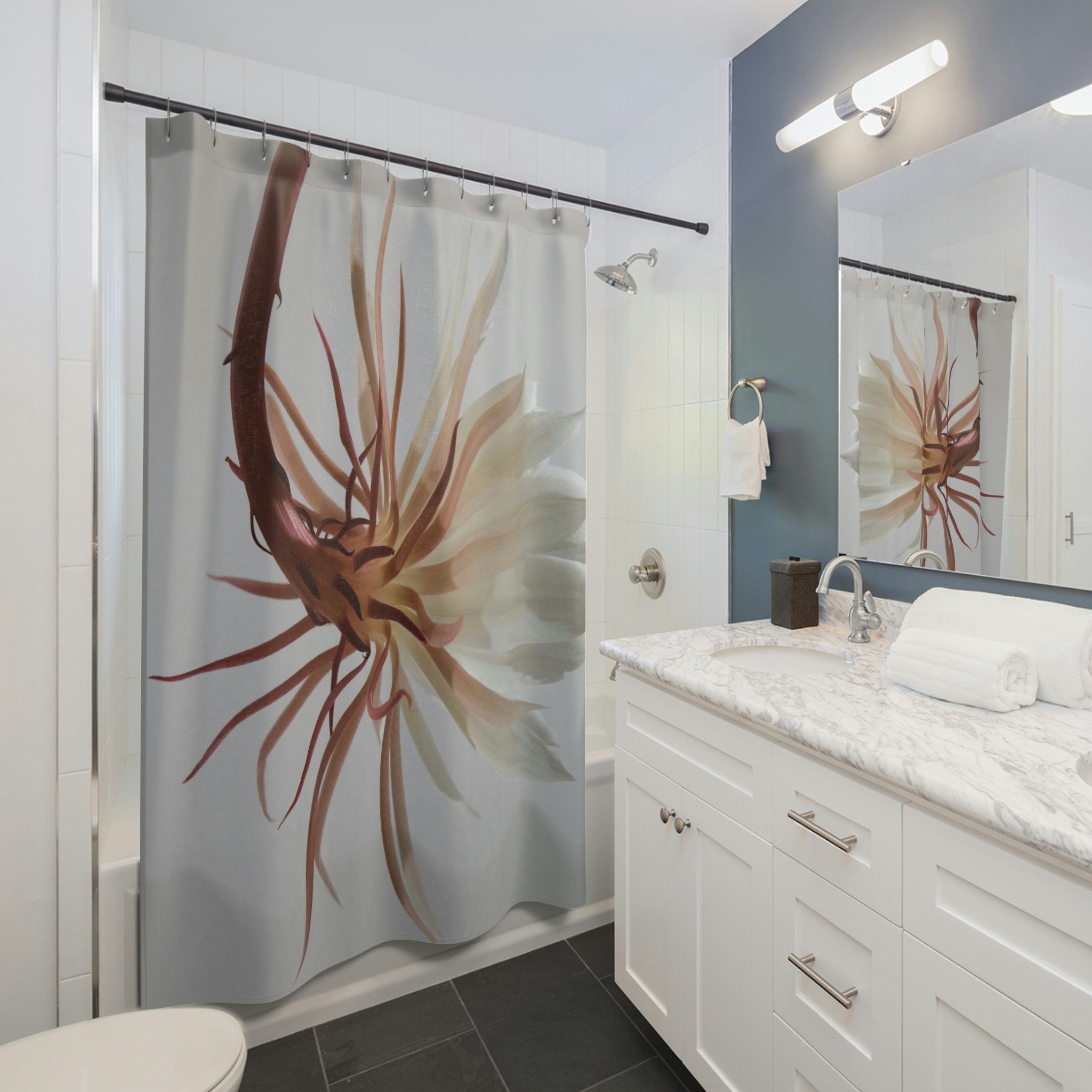 White Floral Botanical Shower Curtain For Earthy Bathroom Decor - Image 2