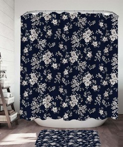 White Floral On Dark Blue Background Vintage Shower Curtain For Your Bathroom