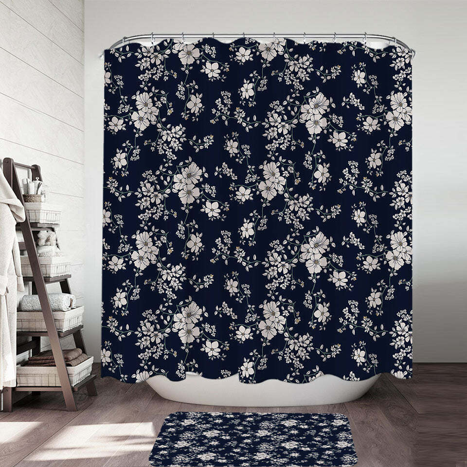 White Floral On Dark Blue Background Vintage Shower Curtain For Your Bathroom
