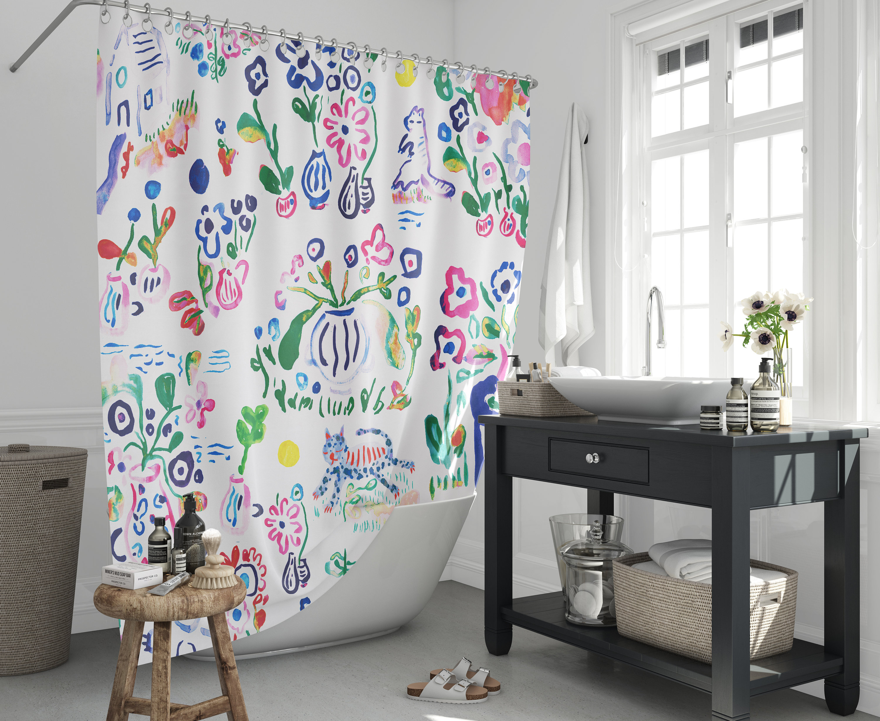 White Floral Quality Shower Curtain Set with Waterproof and Washable Material for Bathroom Decor Artwork by Artist