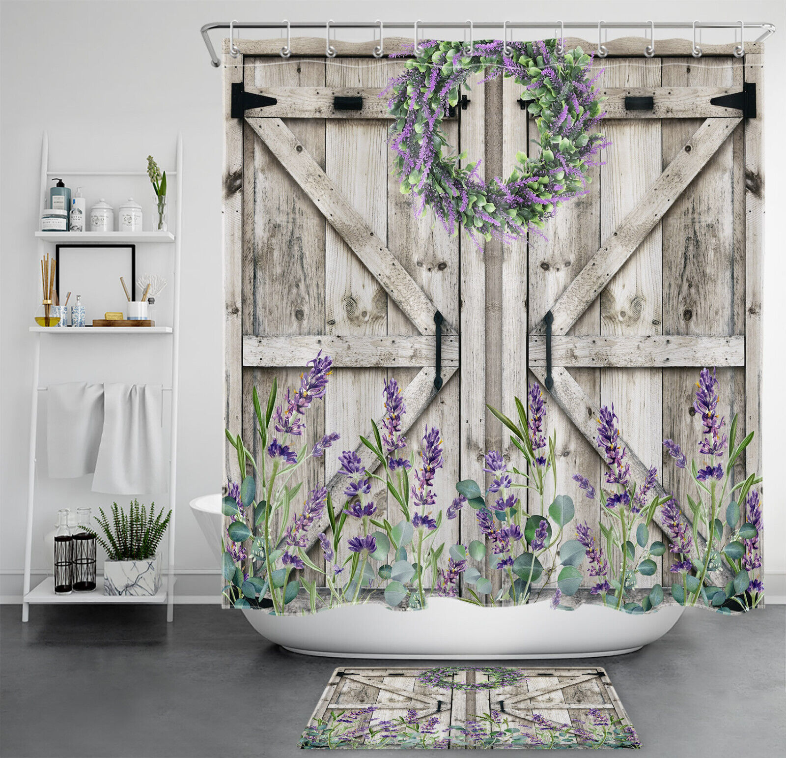 White Flower Butterfly Shower Curtain with Purple for Spring Bathroom