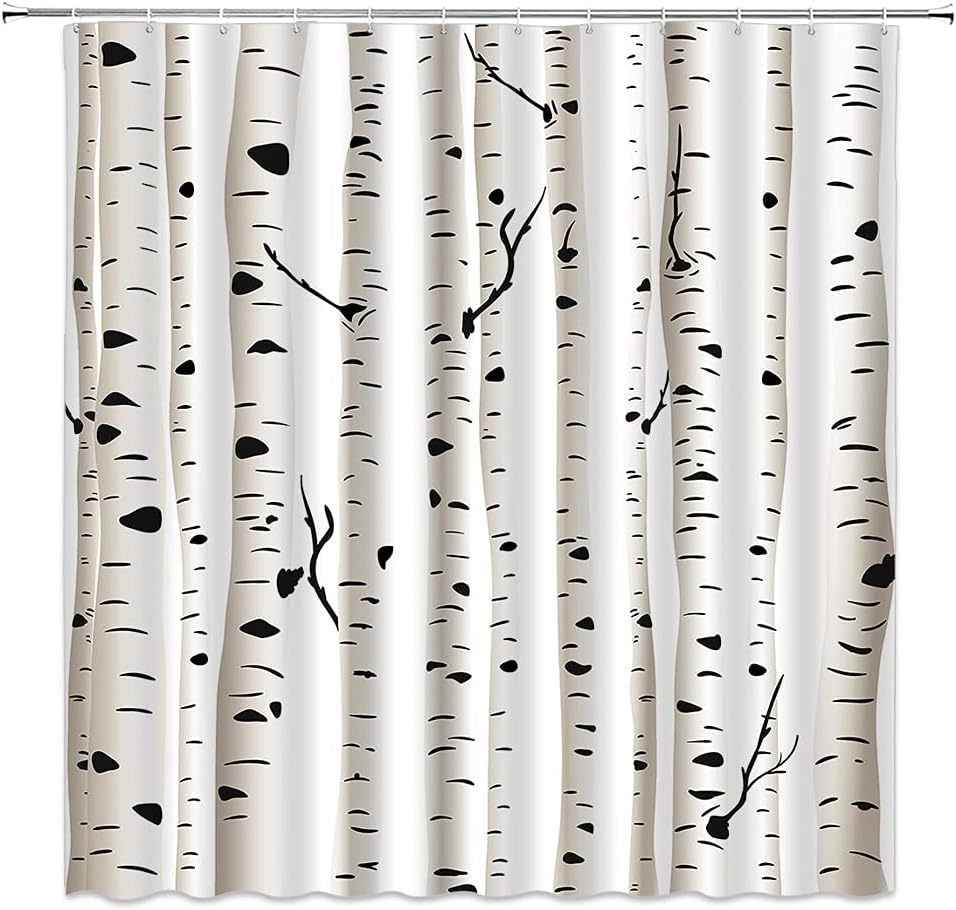 White Forest Birch Tree Shower Curtain With Seasonal Trees And Trunks Print, Bathroom Decor