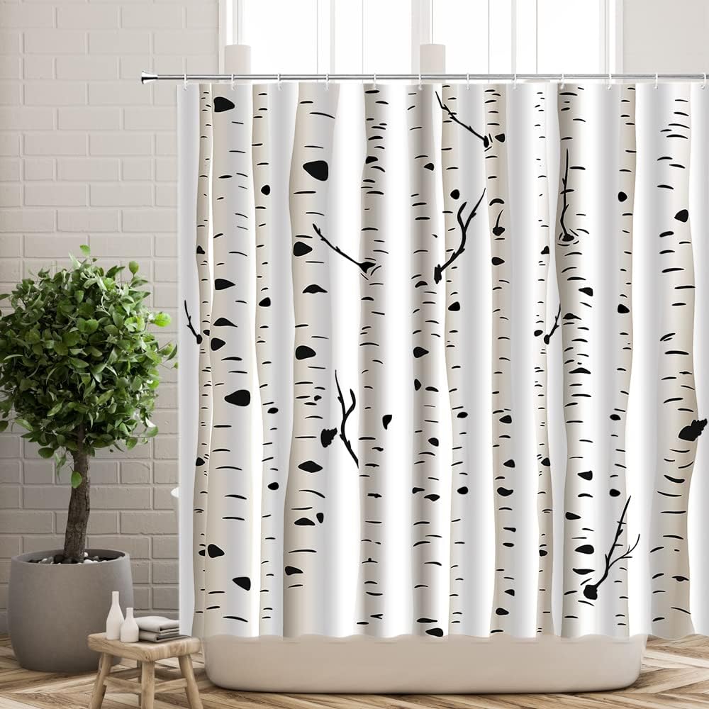 White Forest Birch Tree Shower Curtain With Seasonal Trees And Trunks Print, Bathroom Decor - Image 2