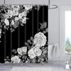 White Gray Blossom Floral Fabric Shower Curtain with Black and White Rose for Bathroom - Modern Art Decor Curtain