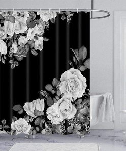 White Gray Blossom Floral Fabric Shower Curtain with Black and White Rose for Bathroom - Modern Art Decor Curtain