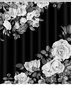 White Gray Blossom Floral Fabric Shower Curtain with Black and White Rose for Bathroom - Modern Art Decor Curtain