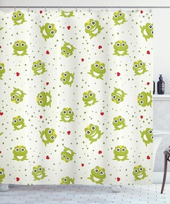 White Green Frog Prince Love Shower Curtain, Illustration Of Frog Prince On Heart Dotted