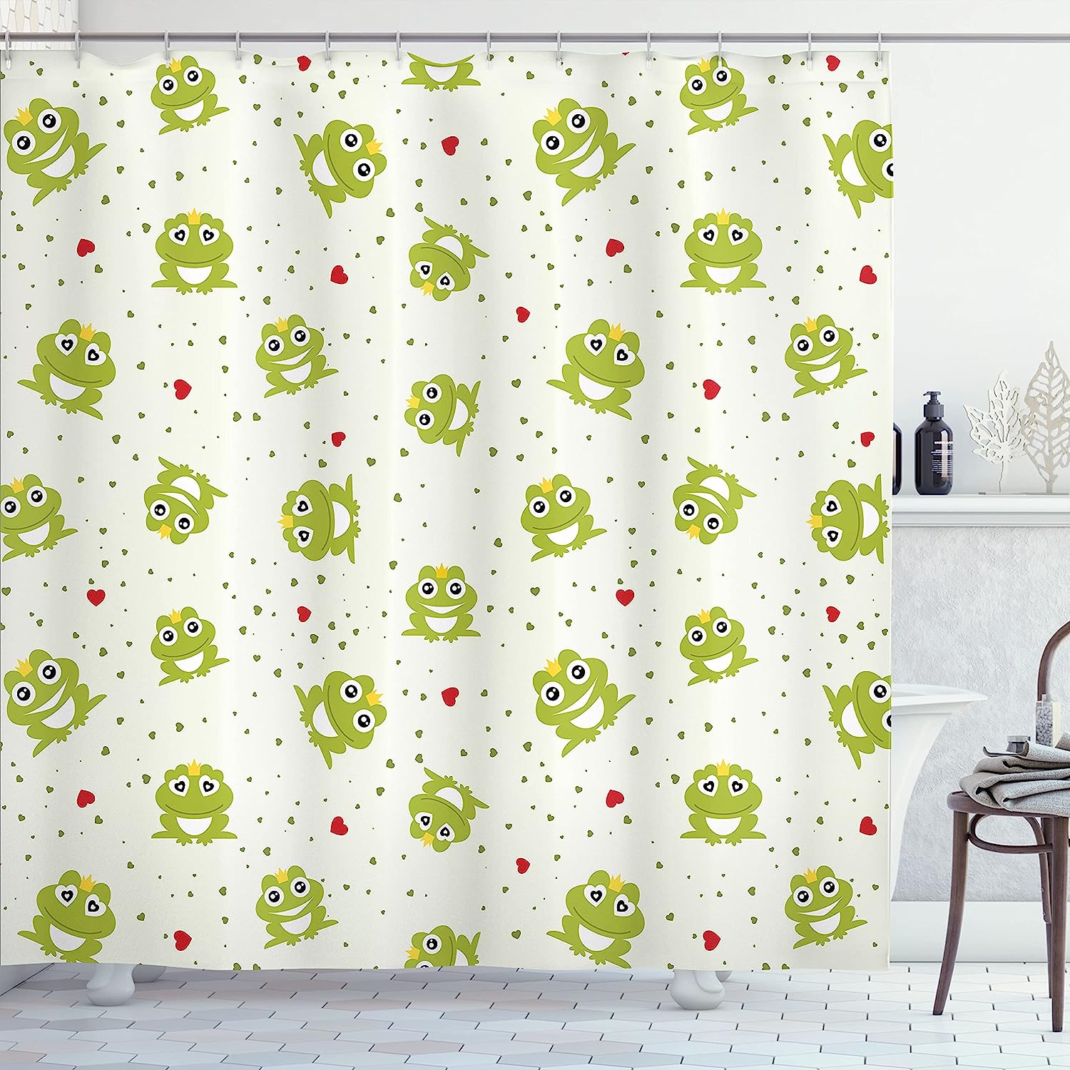 White Green Frog Prince Love Shower Curtain, Illustration Of Frog Prince On Heart Dotted