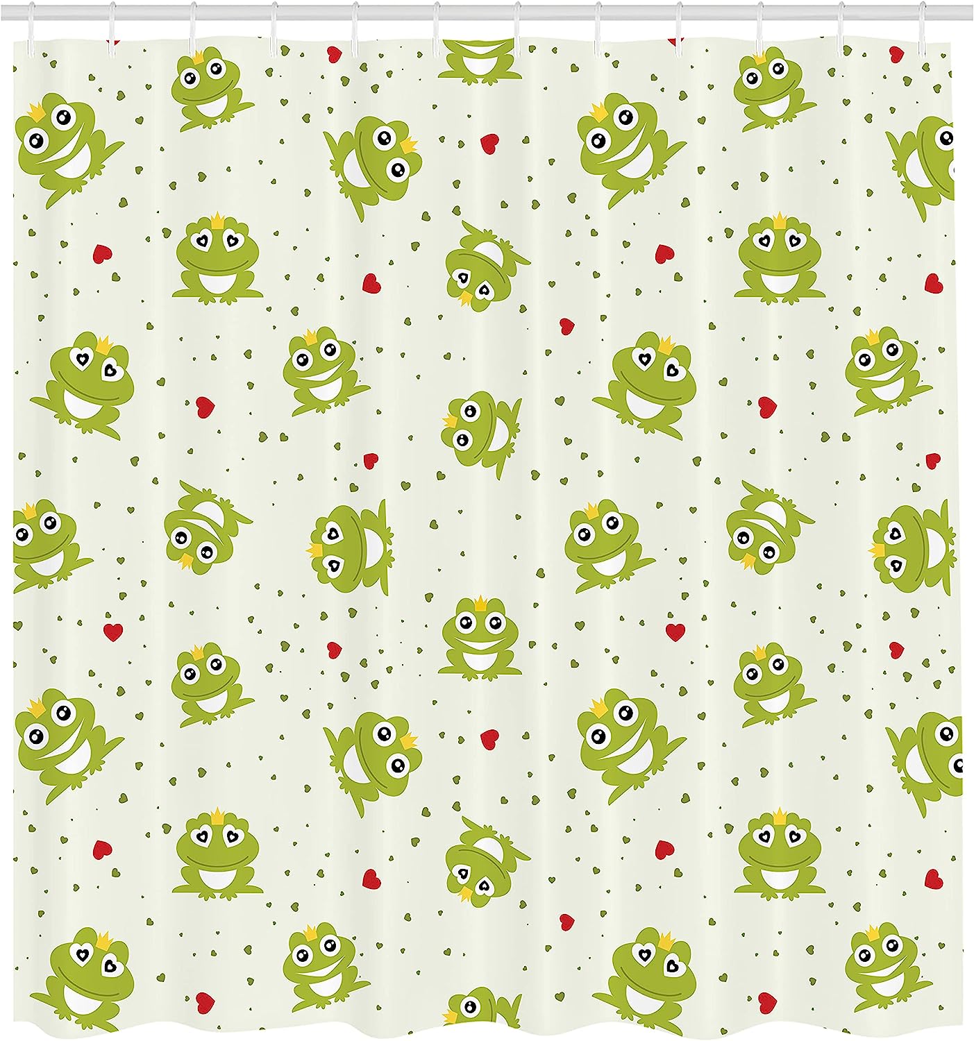 White Green Frog Prince Love Shower Curtain, Illustration Of Frog Prince On Heart Dotted - Image 2