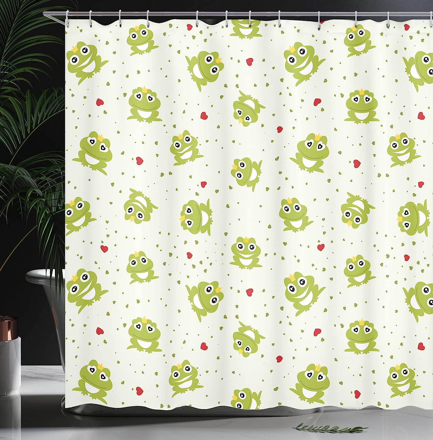 White Green Frog Prince Love Shower Curtain, Illustration Of Frog Prince On Heart Dotted - Image 3