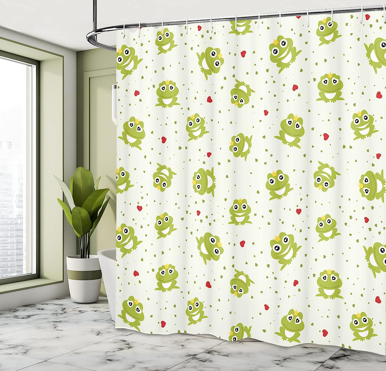White Green Frog Prince Love Shower Curtain, Illustration Of Frog Prince On Heart Dotted - Image 4