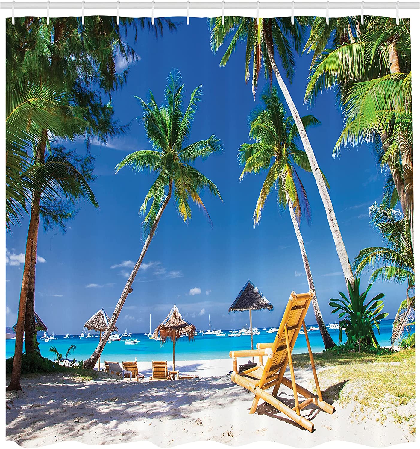 White Green Sun Bed Under Palm Trees Seaside Shower Curtain - Image 2