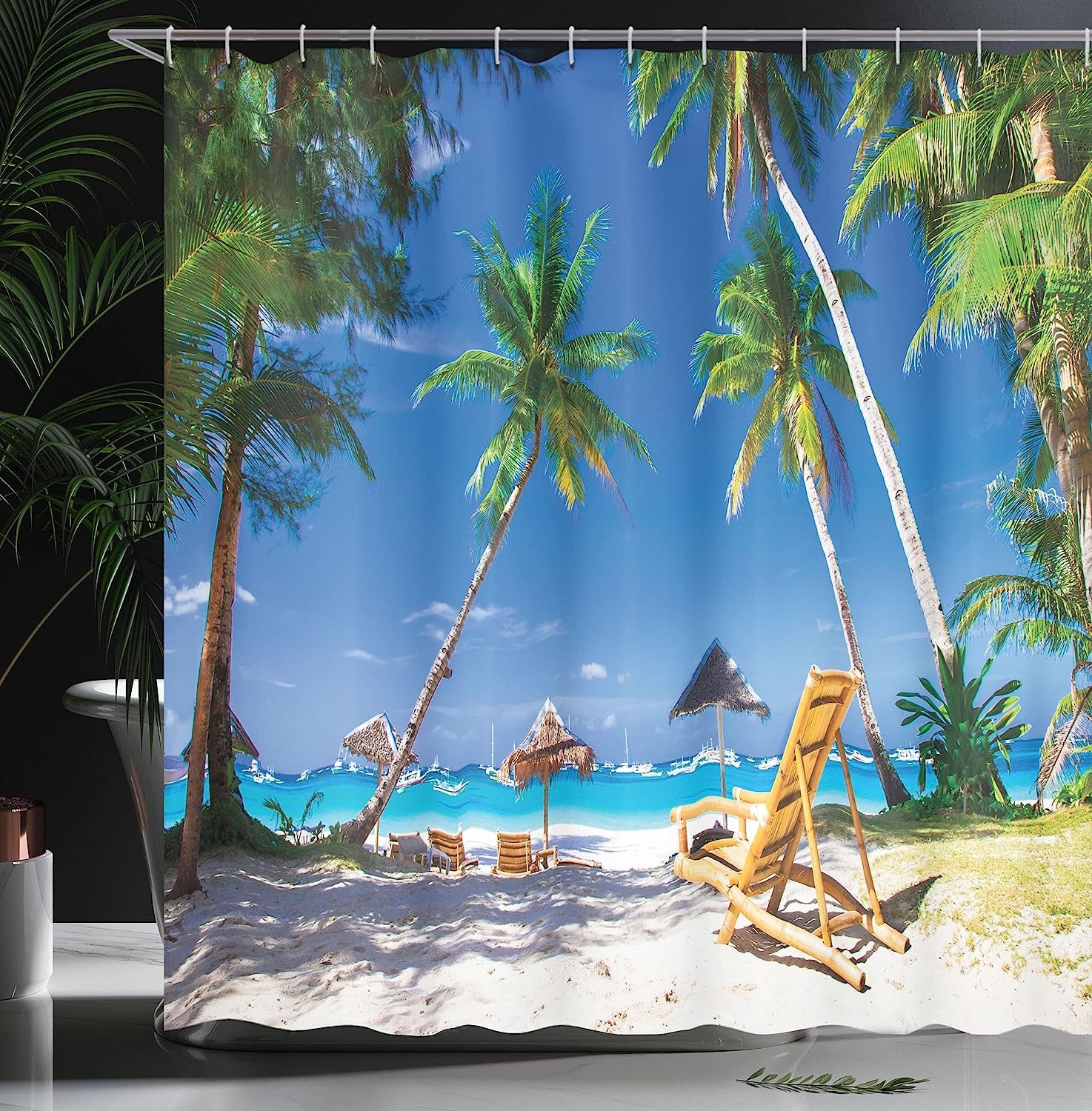 White Green Sun Bed Under Palm Trees Seaside Shower Curtain - Image 3