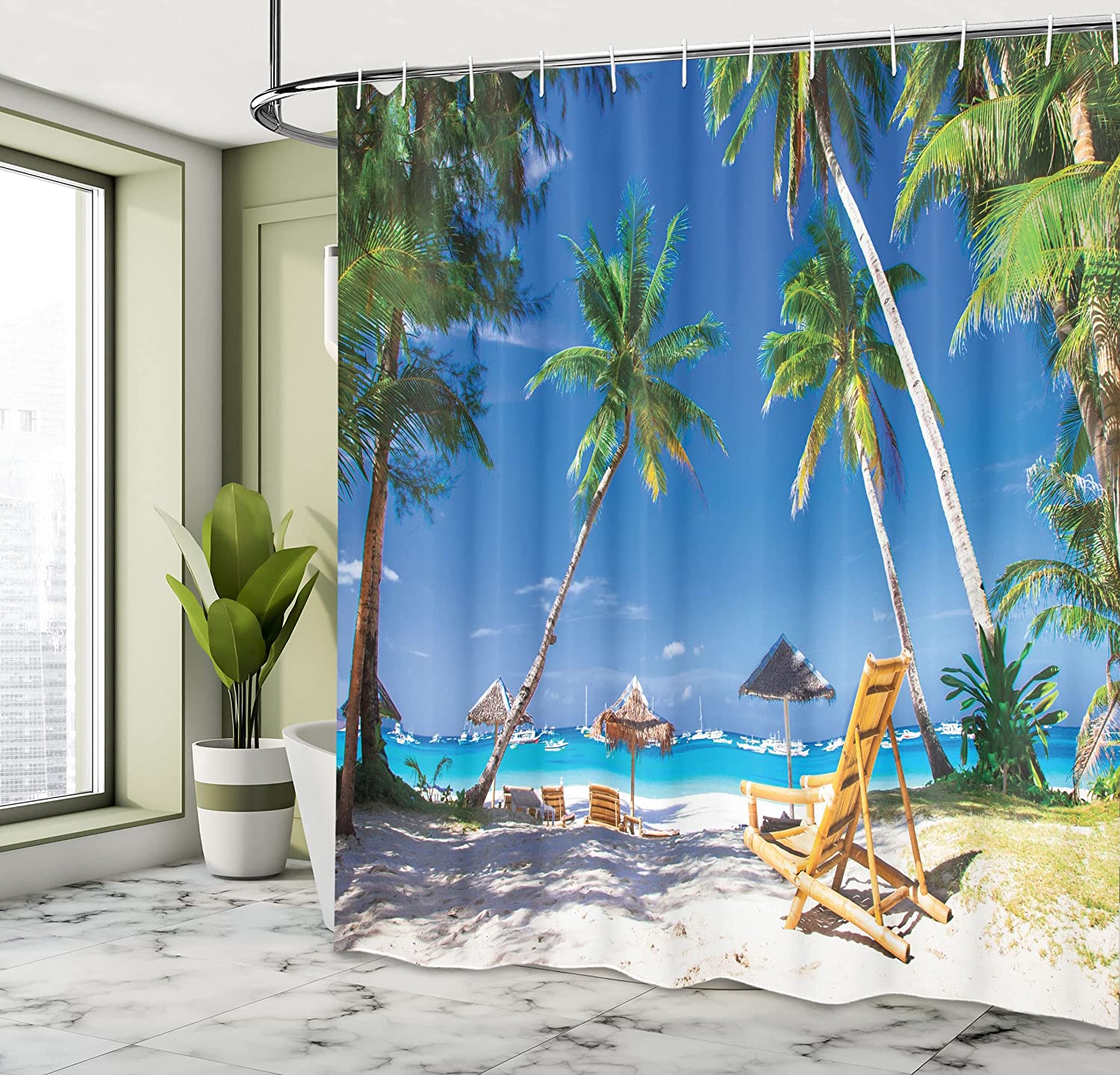 White Green Sun Bed Under Palm Trees Seaside Shower Curtain - Image 4