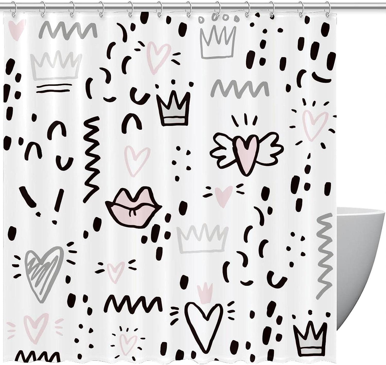 White Heart Crown Lip Waterproof Shower Curtain For Bath