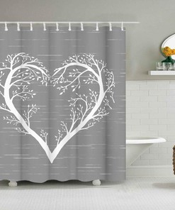 White Heart Shaped Tree Branch Fabric Shower Curtain with Tree of Life Design for Bathroom Decor