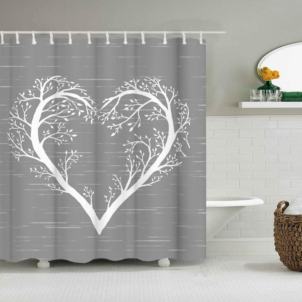 White Heart Shaped Tree Branch Fabric Shower Curtain with Tree of Life Design for Bathroom Decor