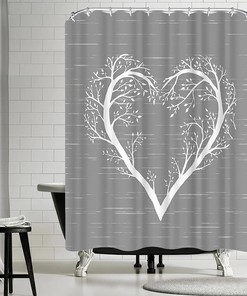 White Heart Shaped Tree Branch Fabric Shower Curtain with Tree of Life Design for Bathroom Decor