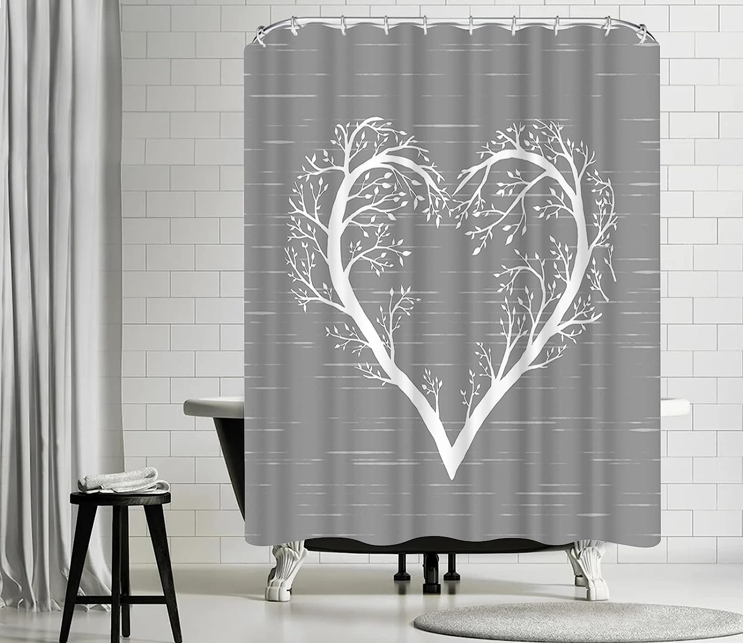 White Heart Shaped Tree Branch Fabric Shower Curtain with Tree of Life Design for Bathroom Decor