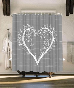 White Heart Shaped Tree Branch Fabric Shower Curtain with Tree of Life Design for Bathroom Decor