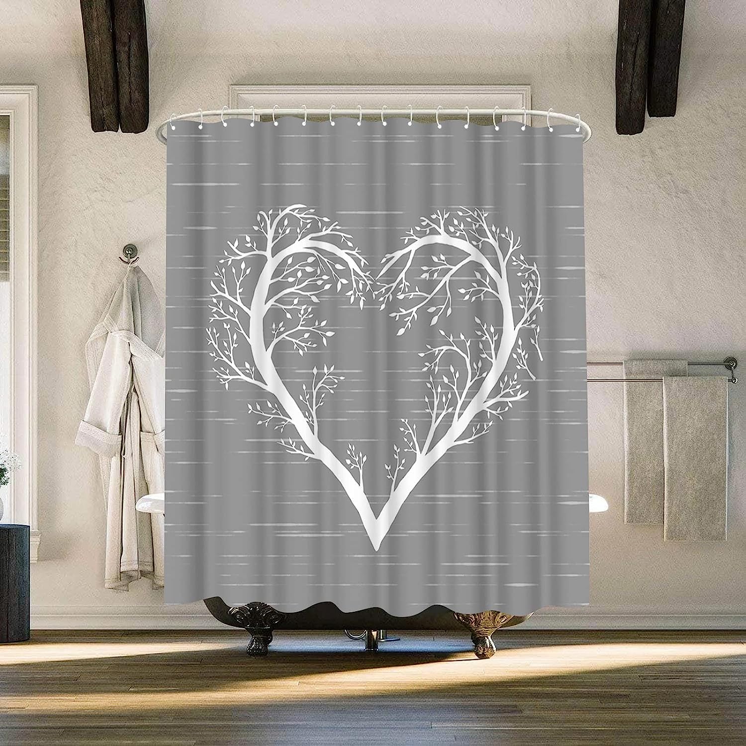 White Heart Shaped Tree Branch Fabric Shower Curtain with Tree of Life Design for Bathroom Decor