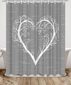 White Heart Shaped Tree Branch Fabric Shower Curtain with Tree of Life Design for Bathroom Decor
