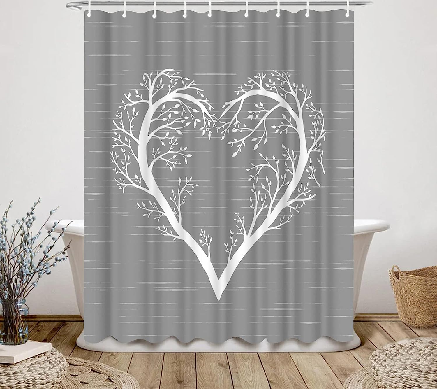White Heart Shaped Tree Branch Fabric Shower Curtain with Tree of Life Design for Bathroom Decor