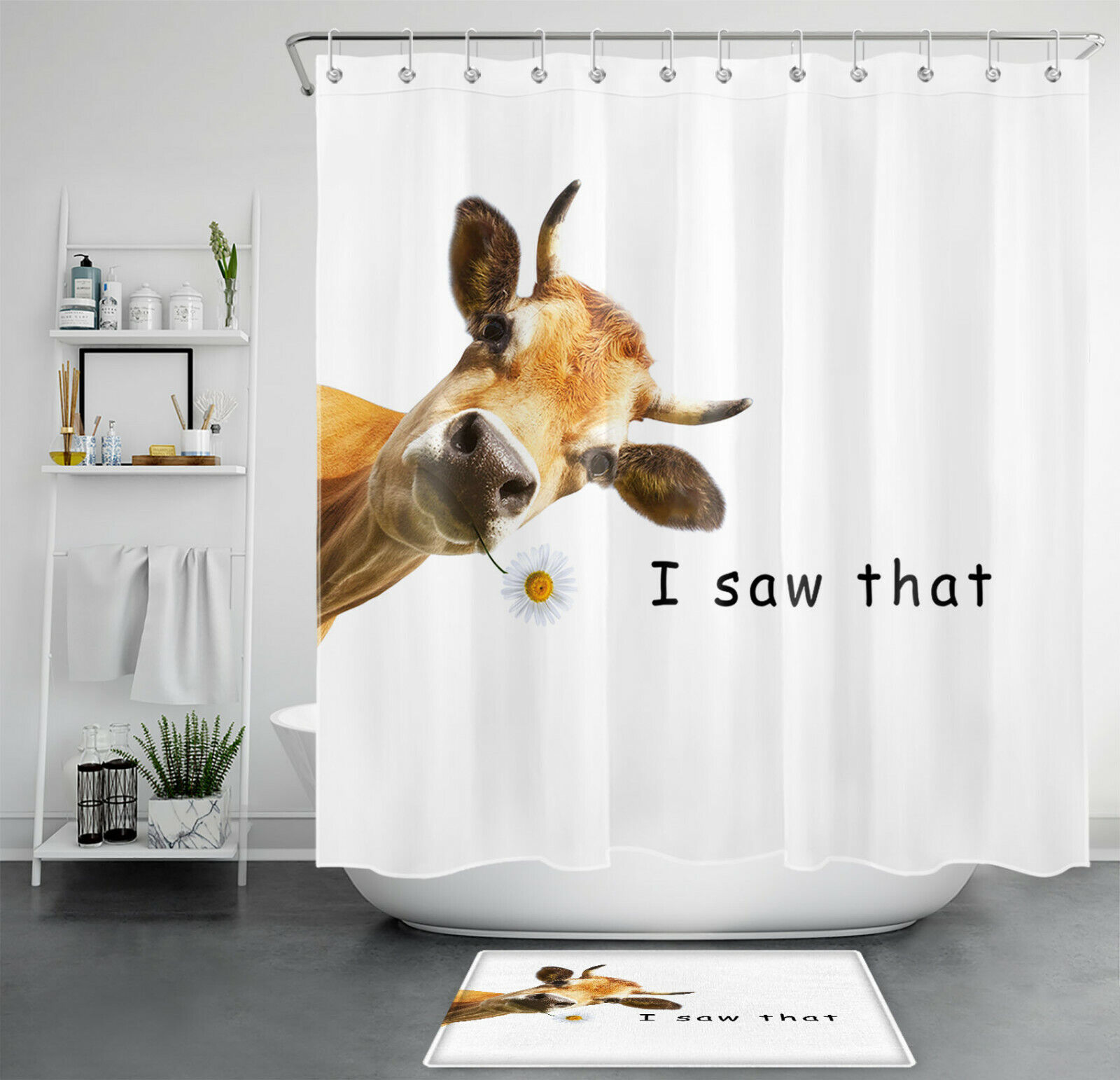 White Highland Cow Funny Wild Animals Print Shower Curtain, Perfect for a Fun and Playful Bathroom