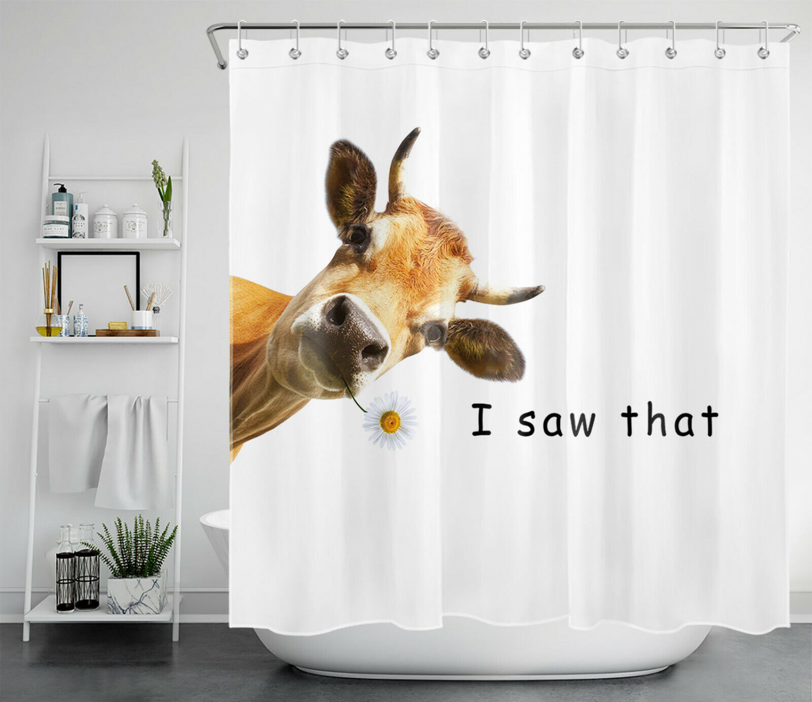 White Highland Cow Funny Wild Animals Print Shower Curtain, Perfect for a Fun and Playful Bathroom