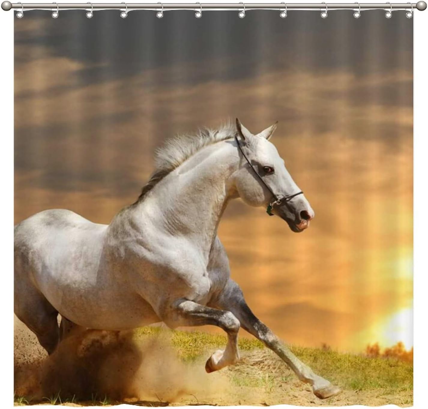 White Horse at Sunset Shower Curtain for Equestrian Bathroom Decor