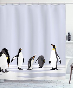 White Lilac Penguin Shower Curtain, Penguins On Polar Icy Land Winter Climate Arctic Cold Season Creatures Print
