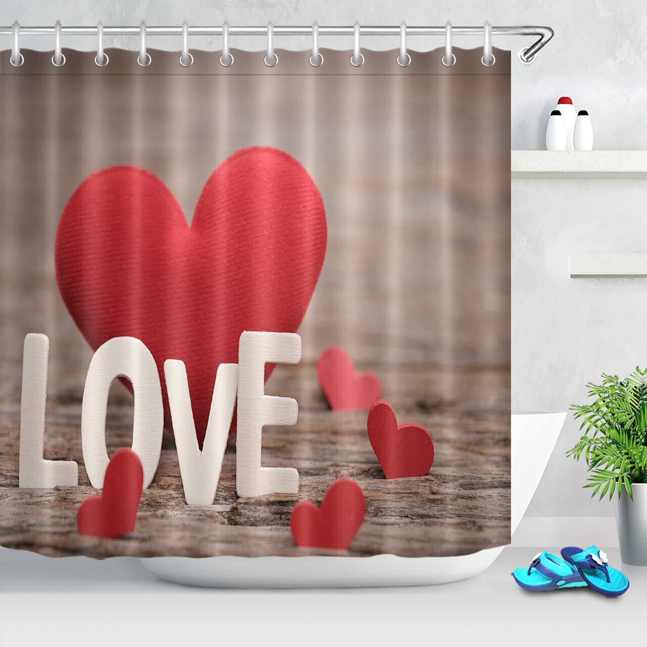 White Love Letters Red Heart Valentine's Day Shower Curtain for Bathroom Decor